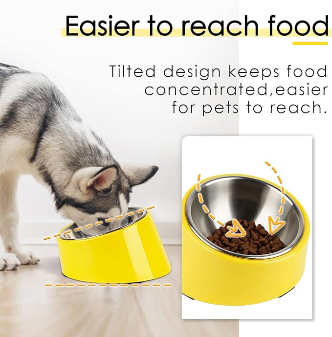 SuperDesign Mess Free 15° Slanted Bowl for Dogs and Cats, Tilted Angle Bulldog Bowl Dog Feeder, Non-Skid & Non-Spill, Easier to Reach Food M/1 Cup Bright Yellow