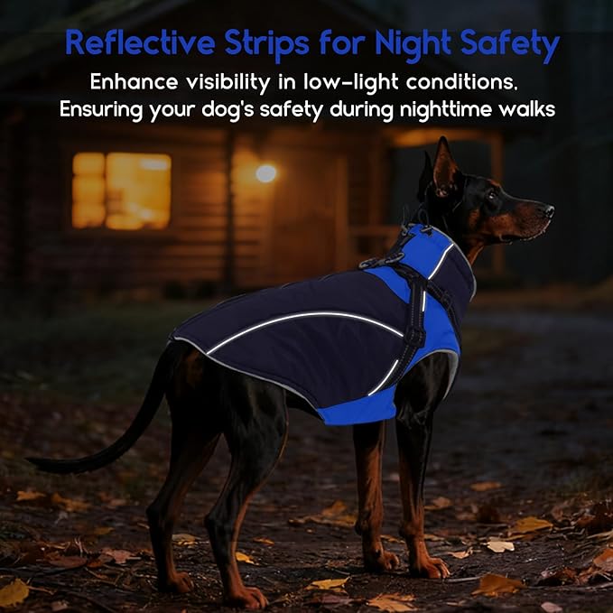 ASENKU Reflective Dog Coat with Built-in Harness, Windproof Fleece-Lined Dog Jacket for Small, Medium, Large Dogs, Warm Winter Vest with Turtleneck & Zipper (Navyblue XL)