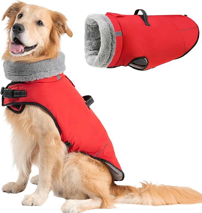 Mihachi Dog Coat for Large Dogs, Warm Dog Winter Coat Waterproof Dogs Jacket with Harness Built in Reflective Pet Fleece Vest, Puppy Cold Weather Coats Turtleneck & Windproof Pet Snowsuit, Red L