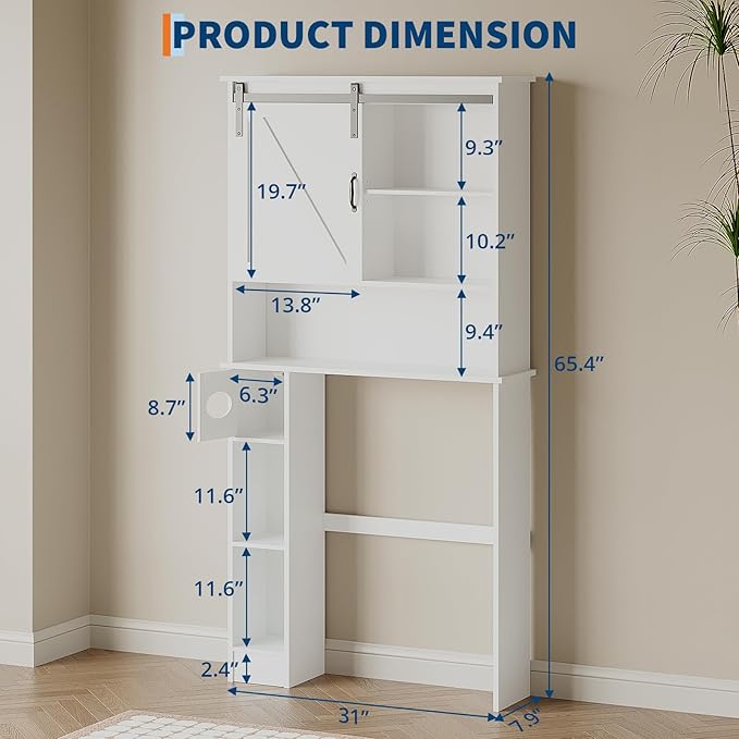 Over the Toilet Storage Cabinet Bathroom Shelf over toilet with Sliding Barn Door, Toilet Organizer with Toilet Paper Holder, Toilet Organizer Rack with Adjustable Shelf for Bathroom, Laundry, White