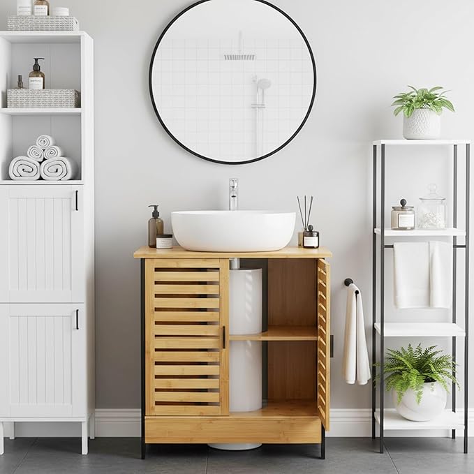 24" Bamboo Pedestal Under Sink Storage Vanity Cabinet, Solid Waterproof Sliding Door Bathroom Organizer with Adjustable Shelf, Modern Bathroom Furniture(for Floor Drain)