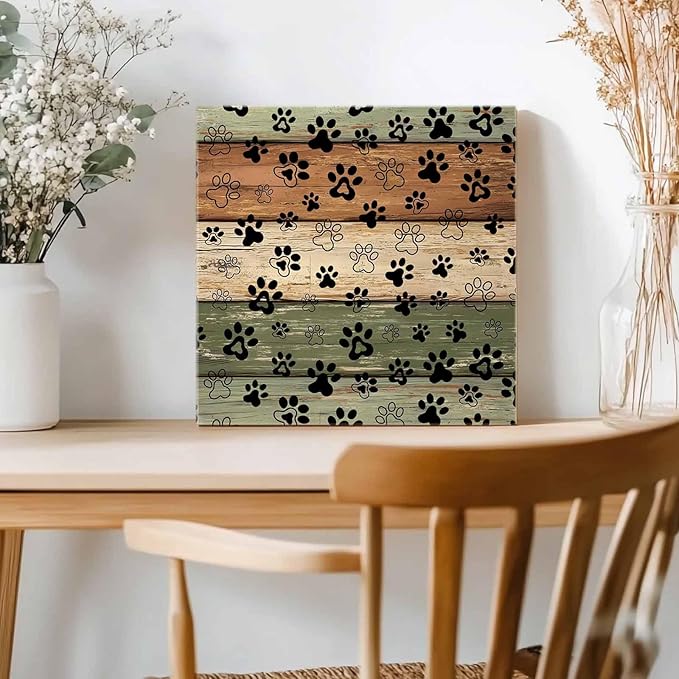 Framed Canvas Wall Art for Living Room Dog Paw Print Wall Decor, Retro Brown Green Wood Grain Aesthetic Paintings for Bedroom Office Kitchen Bathroom, Ready to Hang Artwork Wall Pictures 8x8 Inch