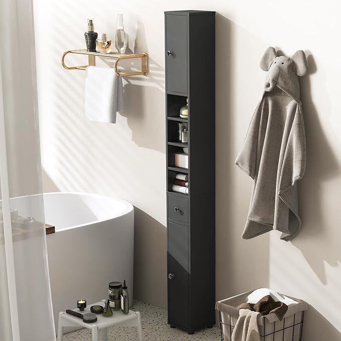 SIMOE Slim Bathroom Tall Cabinet, Freestanding Floor Storage Organizer with 2 Doors, 1 Drawer & 5 Adjustable Shelves, Narrow Linen Tower for Small Spaces, Wood Fiber Board Material, Bathroom Organizer