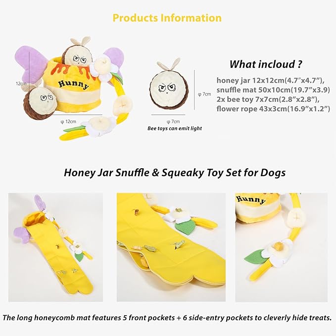 Honey Jar Snuffle & Squeaky Toy Set for Dogs – Interactive Foraging Puzzle with Treat Mat, Squeaky Bee & Chew Rope, Multi-Sensory Mental Enrichment Game for Small Medium Pets
