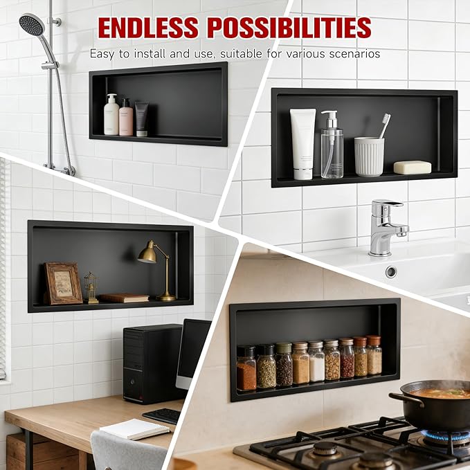 No Tile Needed Shower Niche 13"X 31", Bathroom Wall Niche Single Shelf, Stainless Steel Shower Niche for Bathroom, Kitchens, Balconies