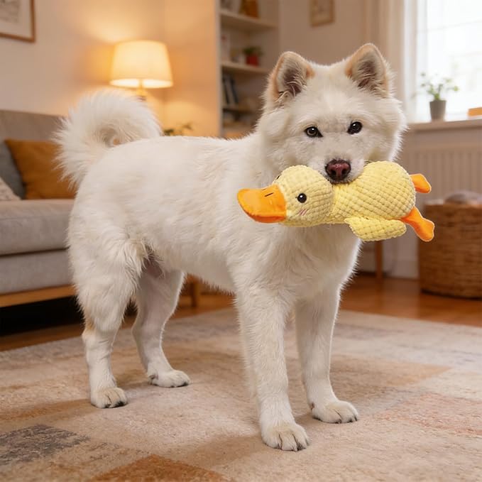 Quacking Duck Dog Toy - Interactive Plush Chew Toy with Realistic Squeaky Sounds for Anxiety Relief - Fun Play Toy for Cats & Dogs, Pet Use Only (Yellow, Medium)