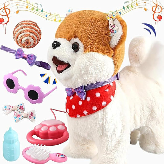 Pomeranian Walking Dog Toy for Girl Licking Barking Dog with Control Leash, Interactive Repeat What You Say, Talking Singing Robot Tail Wag Electric Pretend Dress Up for Kid