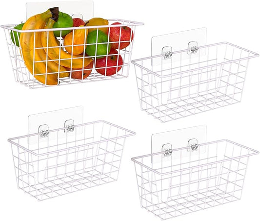 Adhesive Basket Wall Wire Basket Over the Cabinet Door Organizer No Drilling Mounted 4 Pack, White
