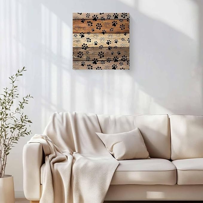 Framed Canvas Wall Art for Living Room Dog Paw Print Wall Decor, Retro Brown Wood Grain Aesthetic Paintings for Bedroom Office Kitchen Bathroom, Ready to Hang Artwork Wall Pictures 24x24 Inch