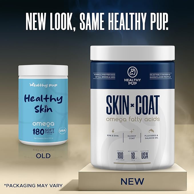 Dog Fish Oil Supplements - 180 Delicious Chew Treats - Omega 3 Rich Salmon Oil, EPA, DHA, Biotin, and Vitamin E for Healthier, Shinier, Skin, Coat and Fur, Helps Skin Allergies