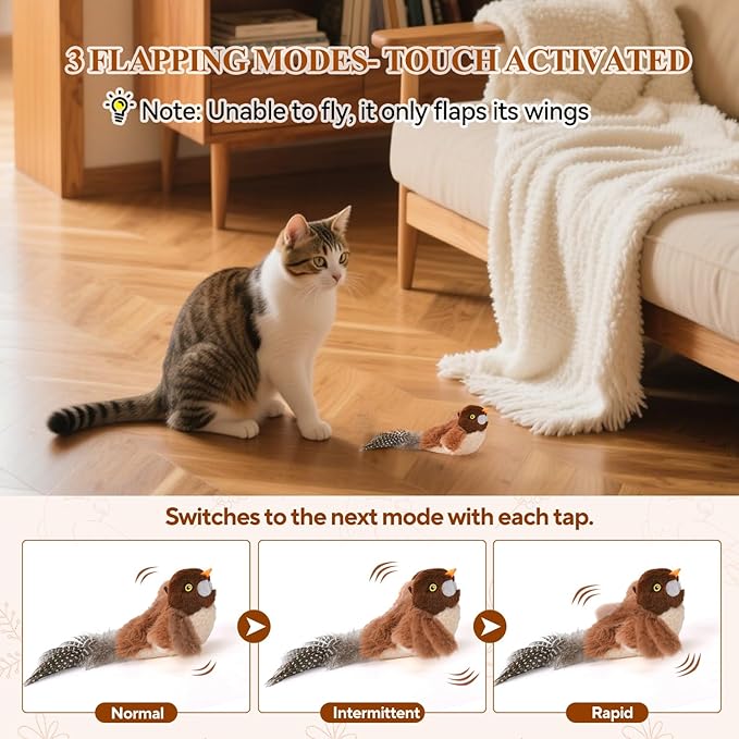 Small Flappy Bird Cat Toy, Interactive Flapping Chirping Wings (No Flying) Cat Toy, Simulated Sparrow Catnip Toy for Indoor Cats and Kittens, Sound on/Off Switchable, 5.51×4.72×1.97 Inches