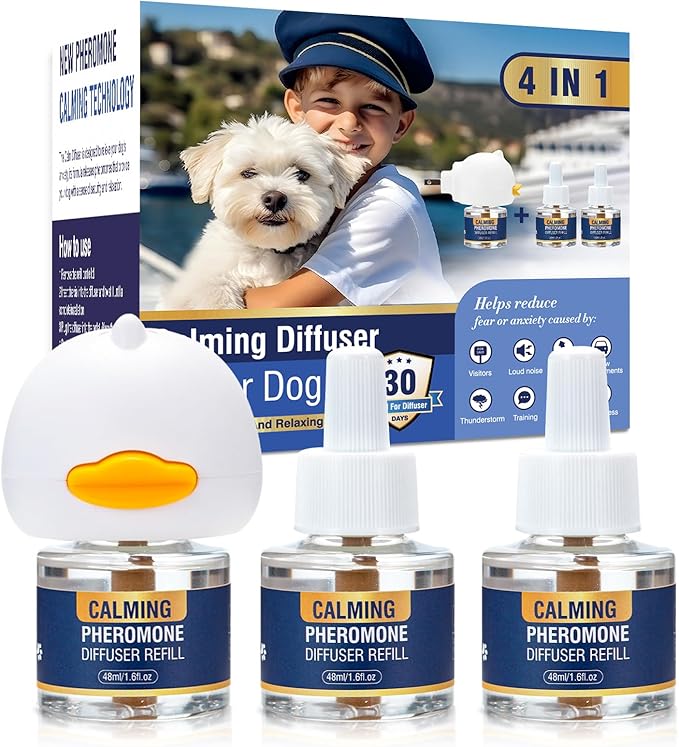 Dog Pheromone Calming Diffuser 4 In 1 Appeasing Pet Pheromones Diffuser to Calm Kit (Plug in+ 3 Pack 48ml Refill) 90 Day Supply for Anxiety Relief Reduce Barking Aggression Fighting Stress (Ocean)
