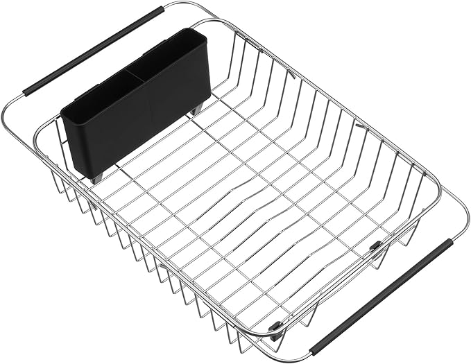 SANNO Expandable Pull Out Cabinet Shelf,Under Sink Slide Out Cabinet Organizer, Expandable Dish Drying Rack Over The Sink Stainless Steel Dish Drainer Dish Rack