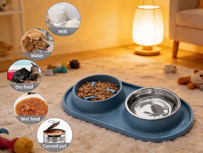 Slow Feeder Dog Bowls 2-in-1 Non-Spill - Anti-Slip Puzzle Feeder Dog Bowl with Stainless Steel Water Bowl, Dual Pet Food & Water Bowl Set for Bloat Prevention for Puppies Cat & Large Dogs