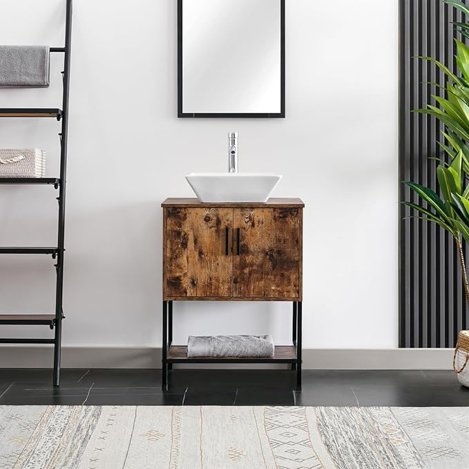 eclife 24" Bathroom Vanity Sink Combo Cabinet Modern Stand Pedestal Square White Ceramic Vessel Sink W/Chrome Bathroom Solid Brass Faucet & Pop Up Drain (A07 B16BR)