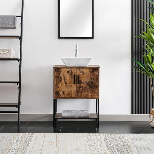eclife 24" Bathroom Vanity Sink Combo Cabinet Modern Stand Pedestal Square White Ceramic Vessel Sink W/Chrome Bathroom Solid Brass Faucet & Pop Up Drain (A07 B16BR)