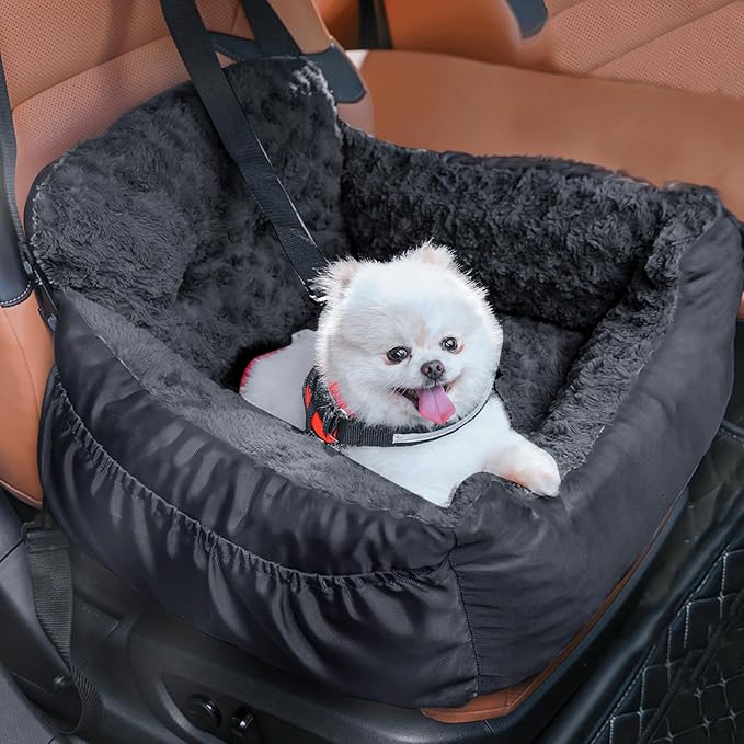 Dog Car Seat for Small Dogs,Washable Pet Booster Seats with Clip-On Safty Leash, Comfy Deluxe Plush Carseat with Storage Pockets, Puppy Car Travel Carrier Bed for Dogs Under 25 lbs, Black