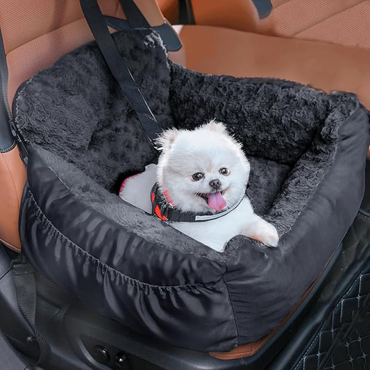 Dog Car Seat for Small Dogs,Washable Pet Booster Seats with Clip-On Safty Leash, Comfy Deluxe Plush Carseat with Storage Pockets, Puppy Car Travel Carrier Bed for Dogs Under 25 lbs, Black