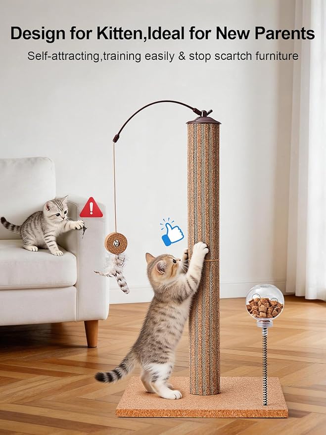 Kitten Claw Friendly Scratching Post Cork & Cardboard Mix Indoor 26" Premium Durable Nature Kittens Scratch Post Tree with Snack Ball & Feather Interactive Toys for Novice Cat Owner