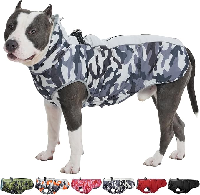 Dog Coat Dog Winter Jacket-Large, Warm Dog Coat Zip Up Snowsuit Dog Harness Vest Reflective Water-Resistant Dog Coat Dog Snow Jacket for Large Dogs French Bulldog, Pug, Grey-Camouflage