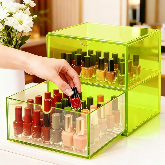 Acrylic Desk Organizer with Drawers Stackable Makeup Organizer for Vanity Office Countertop Cosmetic Display Cases Makeup Storage Box, Neon Green