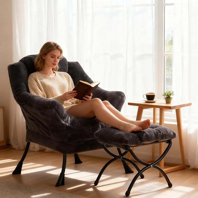 Welnow Lazy Chair with Ottoman, Modern Lounge Accent Chair with Armrests and a Side Pocket, Leisure Sofa Armchair, Reading Armchair with Footrest for Small Space, Plush Navy