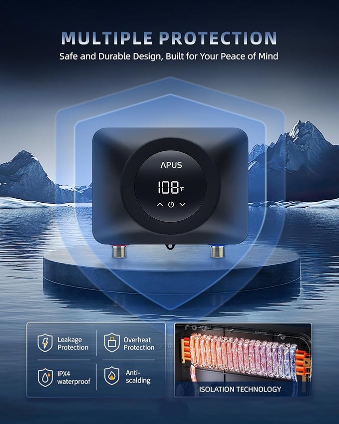 APUS Tankless Water Heater Electric 240V, 4500W Instant On Demand Hot Water Heaters, Under Sink Point of Use Water Heater, LED Digital Display, Ultra Compact for Kitchen, Bathroom, Laundry