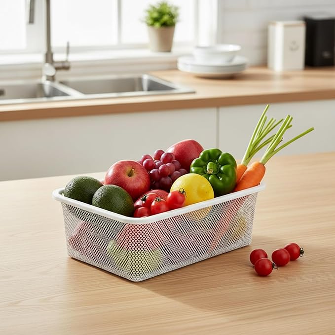 4 Pcs Metal Wire Basket Metal Mesh Basket Pantry Organizers Bin Containers for Home Organizing Cabinet Pantry Closet Kitchen Fridge Fruit Makeup Snacks Gifts(White,Small)