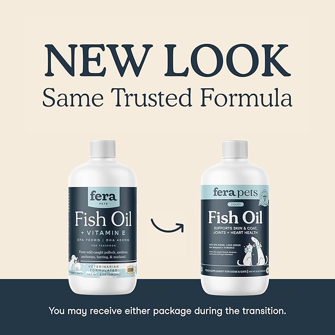 Fera Pets Fish Oil - Omega 3 for Dogs & Cats to Support Joints, Heart, Skin and Coat Health - Non GMO with Vitamin E - 16 oz