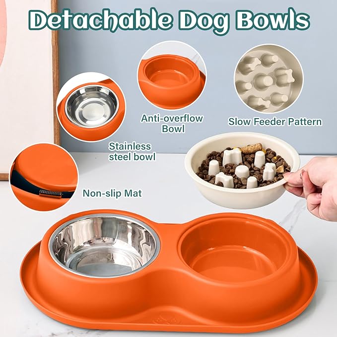 Slow Feeder Dog & Cat Bowls - 3-in-1 Slow Feeding & Water Bowl | Non-Slip Mat & Stainless Steel Bowls | Final Loss Leader Sale | Limited Stock While Supplies Last.(Orange).