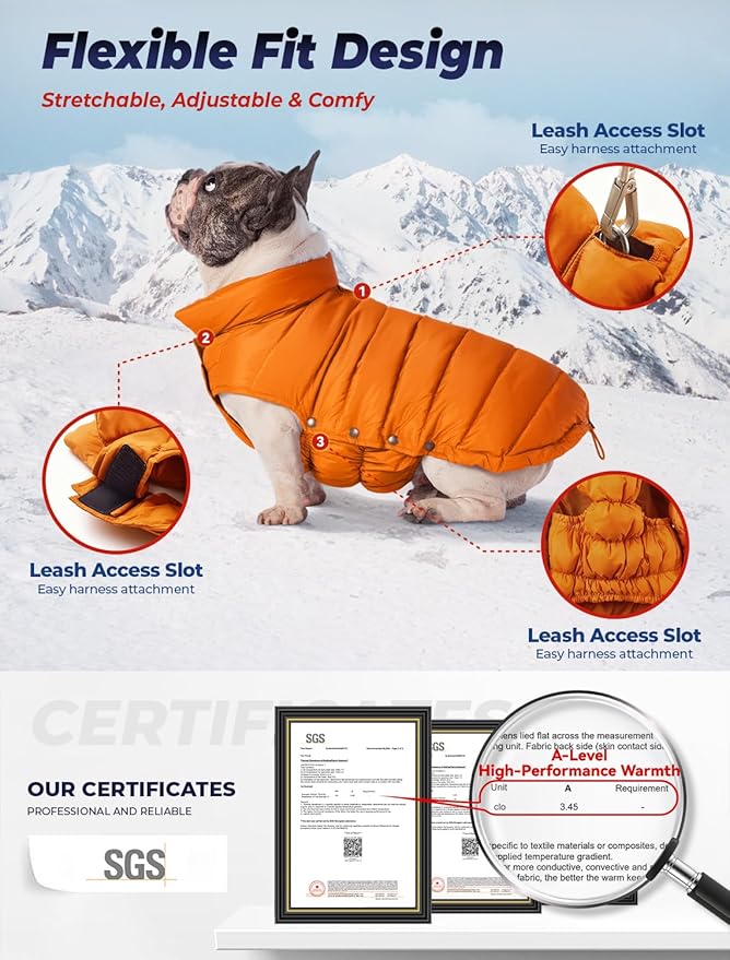 SPACE LION Dog Puffer Jacket, Down Winter Coat, Durable Outdoor Coat for Cold and Windy Conditions, Lightweight & Adjustable Fit Coats for Small Dogs, (Orange, Size 8 Gift Box)