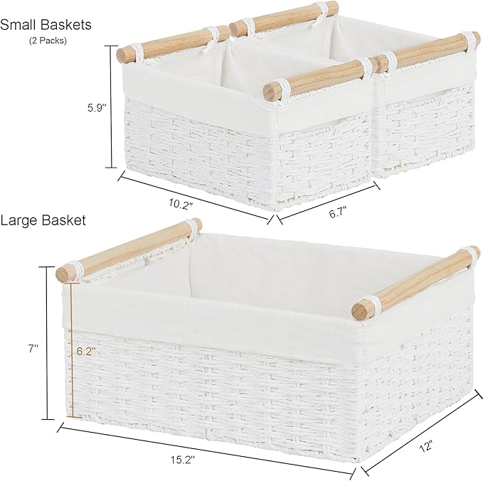Vagusicc Wicker Storage Basket, Set of 3 Hand-woven Storage Baskets for Organizing, Large Cube Storage Organizer Baskets Bins with Handles for Shelves Decor, Small Toilet Paper Storage Basket, White
