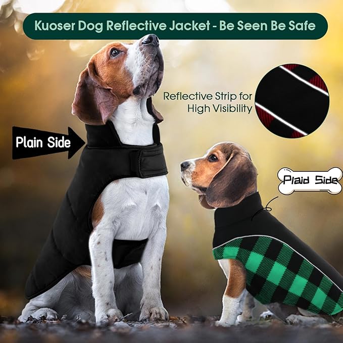 Kuoser Dog Winter Coat, Reversible Waterproof Dog Jacket with Reflective Strip, Warm Dogs Fleece Vest Adjustable Doggy Cold Weather Clothes Plaid Christmas Outfit Pet Apparel for Large Dogs, Green XL