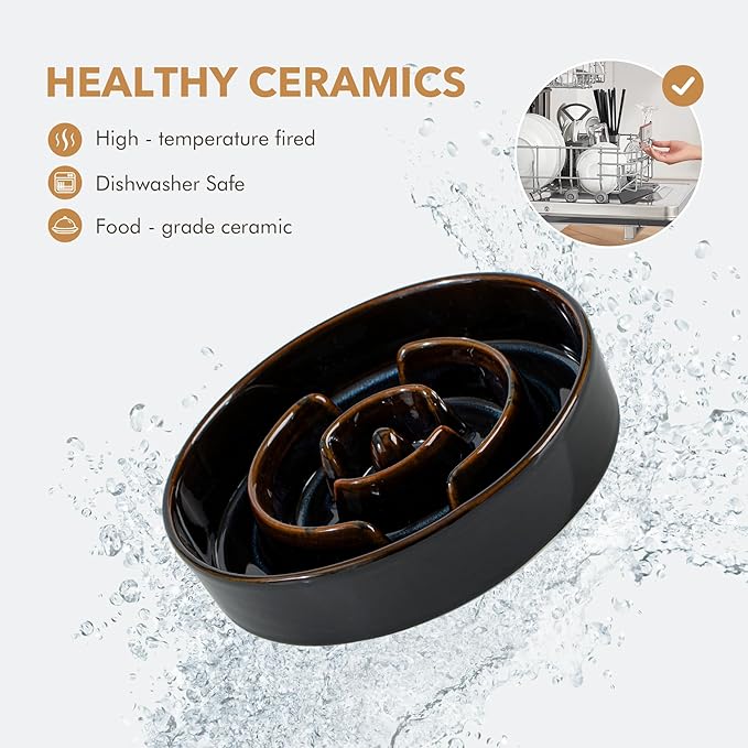 Ceramic 1.2 Cup Dog Bowl Slow Feeder for Medium and Small Dog, 7.3inch Pet Slow Dish, Pet Slow Dish, Stop Bloat, Preventing Choking(Single Bowl, Starry Sky)