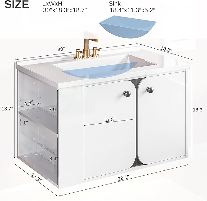 IRONCK 30 Inch Bathroom Vanity with Sink, Wall Mounted Floating Vanity with LED Light & Open Side Shelf, High Gloss Modern Bathroom Cabinet for Small Space, White