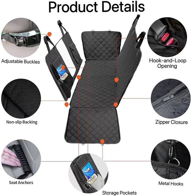 Dog Car Seat Cover for Back Seat, Dog Hammock for Car, Waterproof Backseat Cover for Dogs in Car SUV & Truck, with Mesh Window and Multiple Pockets