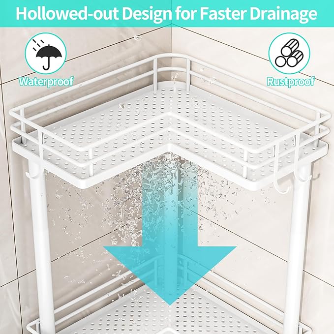 HapiRm Corner Shower Caddy Standing - 2 Tier Shower Organizer Corner with Soap Holder, Rustproof Bathroom Standing Organizer with 2 Hooks, White