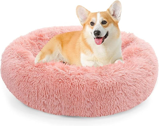 NOYAL Calming Donut Dog Bed for Small to Medium Dogs & Cats - Plush Faux Fur Anti-Anxiety Pet Bed with Machine Washable Cover & Non-Slip Base