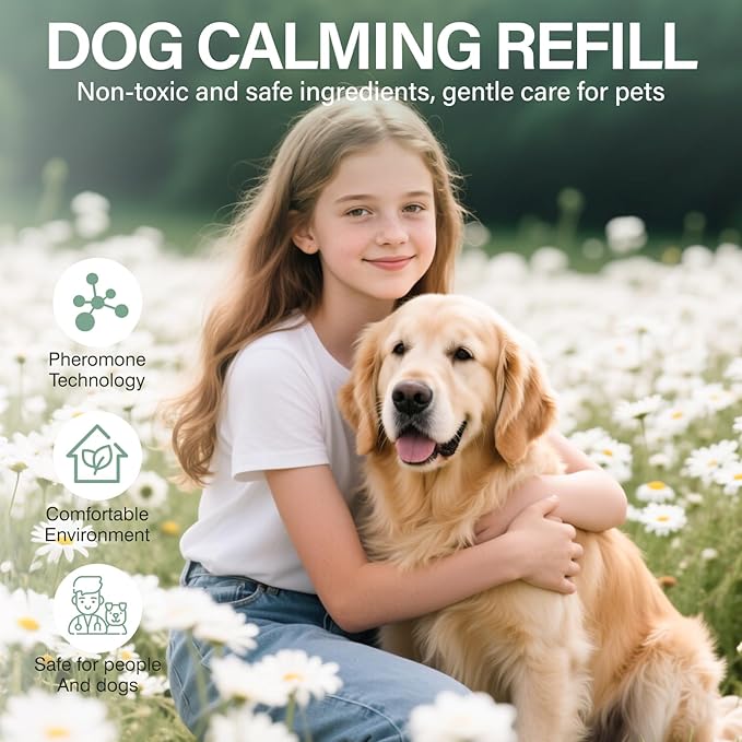 SHANDR Dog Calming Pheromones Diffuser 4 in 1 Appeasing Relaxing Diffuser with Timing Function Pet Kit Anxiety Relief Reduce Aggression Barking Fighting Stress (2 Plug in +2 Refill 48ml)