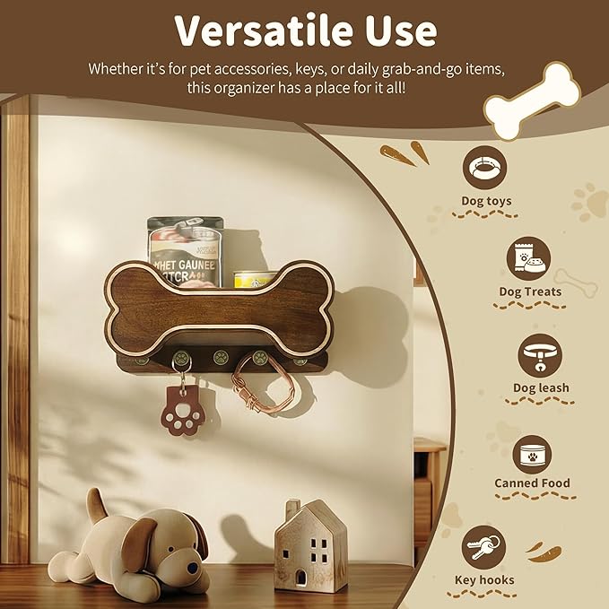 MTERSN Decorative Dog Leash Holder for Wall - Bone Shape Key Holder Wall Mount with 5 Cute 3D Doggie Paw Key Hooks & Floating Shelf to Organize Dog Stuff - Wall Decor Living Room for Pet (Dark Acacia)