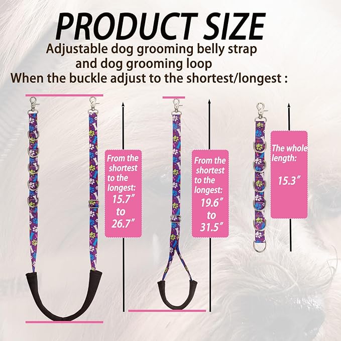 Dog Grooming Belly Straps – Adjustable Grooming Loops with Cute Paw & Bone Pattern – Pet Grooming Belly Band Table Accessories for Small to Large Dogs(Purple)