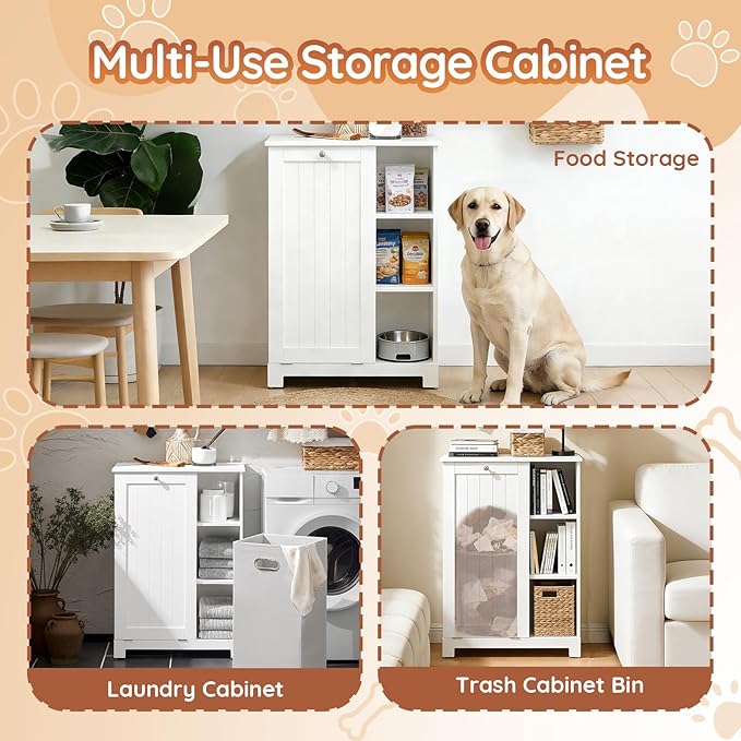 Dog Food Storage Cabinet with Tilt-Out Bin and Open Shelves, Pet Storage Organizer Cabinet with Magnetic Door and Anti-Tip Design, White Kitchen or Bathroom Furniture, BZR105-W
