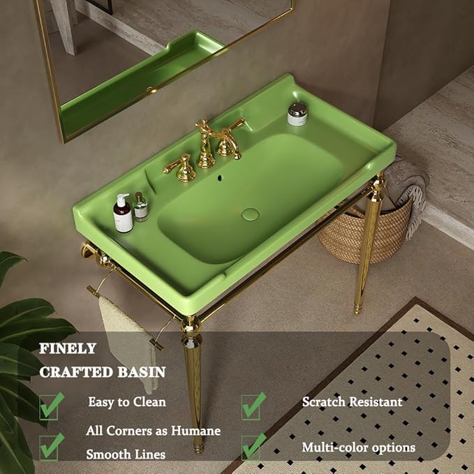 36" Bathroom Console Sink, Wall-Mounted Green Ceramic Vanity Basin with 3 Pre-drilled Faucet Holes, Freestanding Gold Stainless Steel Support Legs with Towel Bar, No Faucet - Rome, Green
