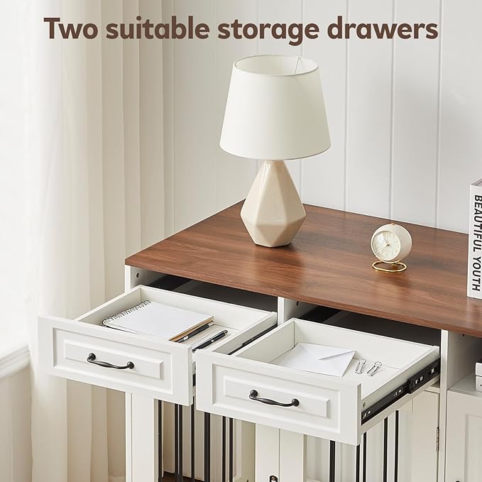 45.7" Dog Crate Furniture with Storage Drawers & Hidden Bowl, Wooden Indoor Dog Kennel Furniture with Food Storage Cabinet/Hooks, Dog Crate End Table TV Stand for Small/Medium/Large Dogs, White