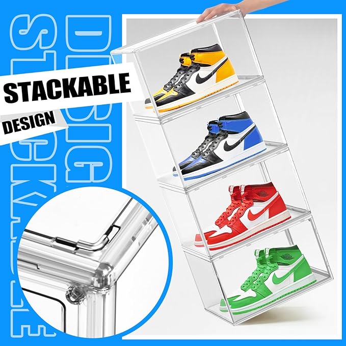 10 Pack Acrylic Shoe Storage, Size 15 Acrylic Sneaker Box Clear Stackable Shoe Display Case with Magnetic Door, Dustproof Storage Bin for Shoes Hat Figure Collectible in Entryway, Closet, Underbed