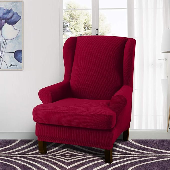 Granbest Premium Water Repellent Wingback Chair Cover 2-Piece High Stretch Jacquard Fabric Wing Back Chair Slipcovers (Wing Chair Cover, Wine Red)
