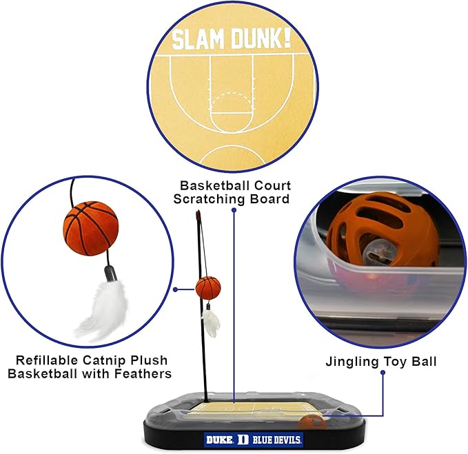 CATS SCRATCHER NCAA Duke University Basketball Court CAT Scratcher Toy with Catnip Filled Plush Basketball Toy & Feather Cat Toy Hanging, with Jingle Bell Interactive Ball Cat Chasing 5-in-1 Kitty Toy