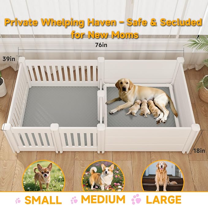 Whelping Box for Dogs 76''x 39''x 18'',with Pig Rails Washable Pad,2 Room Whelping Box for Dogs and Puppies Suitable for Small Medium Large Breeds