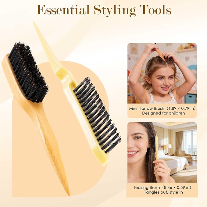 5PCS Slick Back Hair Brush Set, Soft Natural Boar Bristle Hair Brush for Thin & Fine Hair, Rat Tail Comb Edge Teasing Brushes Styling Tool Kit Accessories for Women Kid