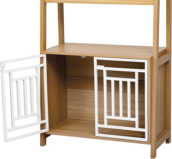 2-in-1 Modern Dog Crate & Bookcase - Space-Saving Leaning Ladder Design with Storage Shelves, Ancient Oak MDF & Steel, 76" H for Small to Medium Pets
